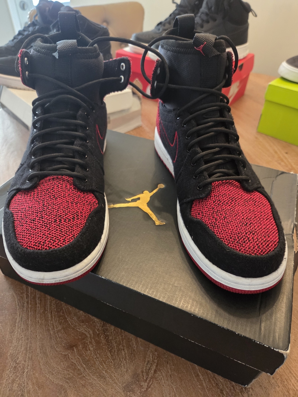 Jordan Men’s Black and Red High-Top Knit & Suede Sneakers